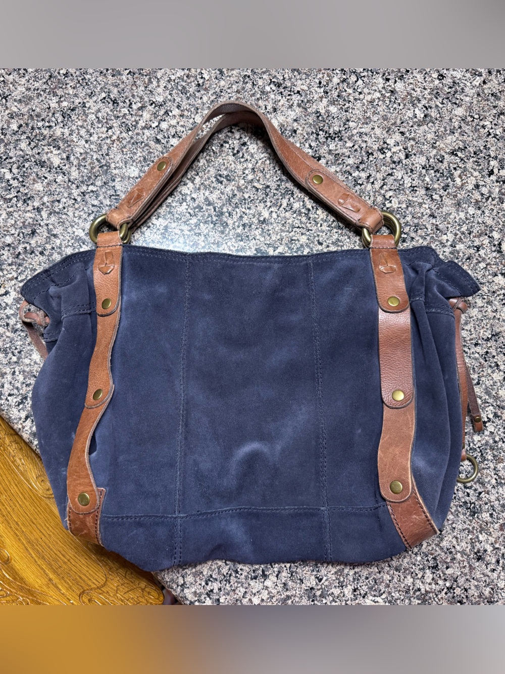 Vintage Lucky Brand Navy Suede Satchel with Brown Leather Trim